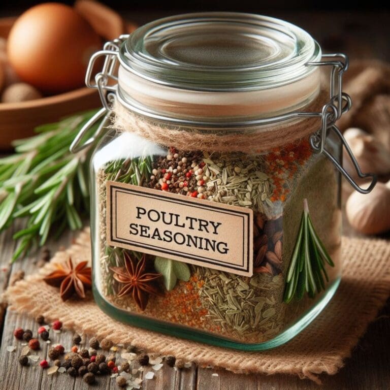 A glass jar of poultry seasoning on a brown table.