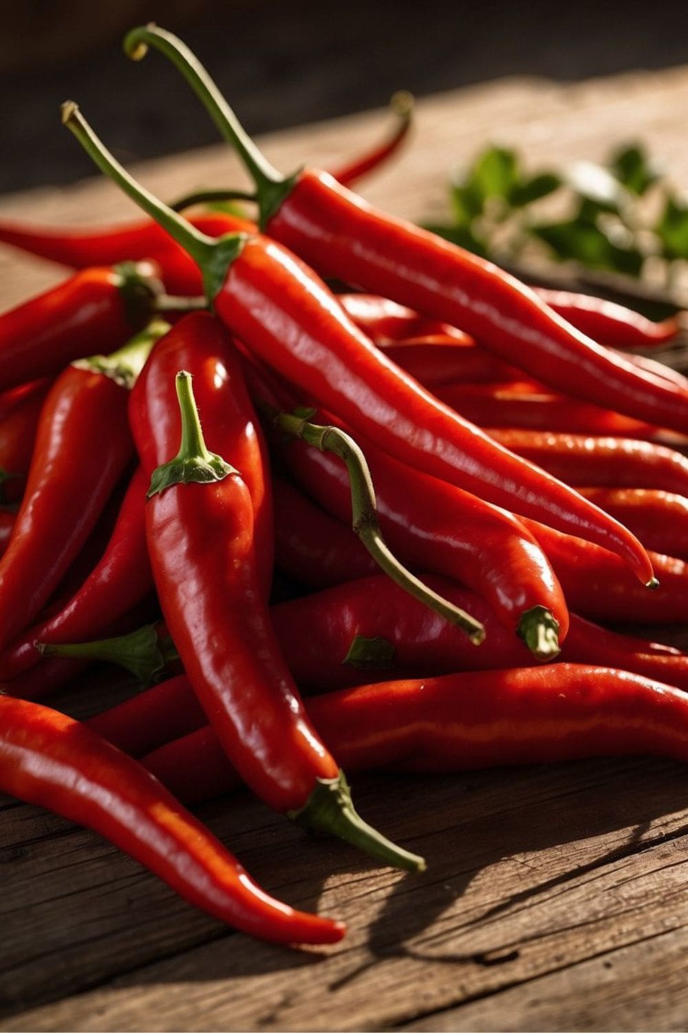 A pile of red chili peppers on a wooden table.