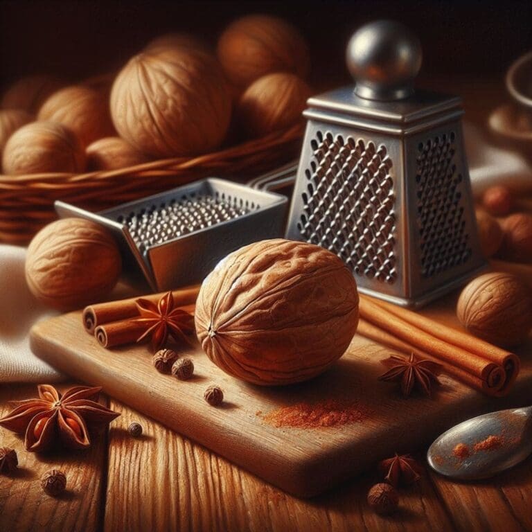 A close-up photo of a nutmeg on a wooden cutting board.