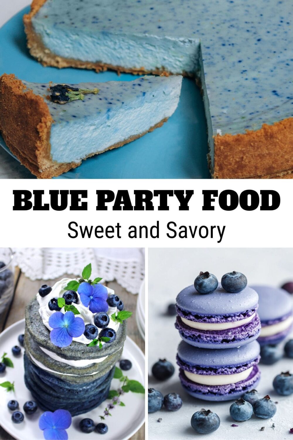 A collection of various blue colored foods and desserts.