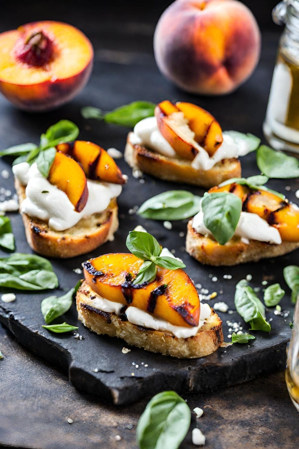 A close-up of a group of crostini with grilled peaches and burrata on a black cutting board. 