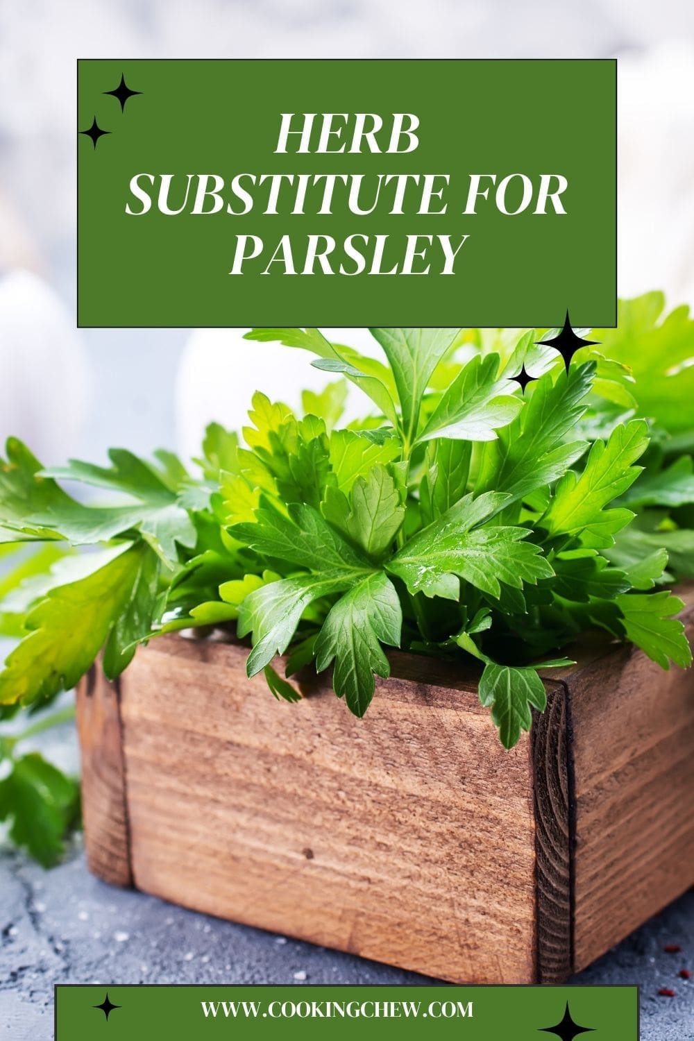 The image shows a wooden box filled with fresh parsley leaves.