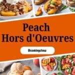 A close-up photo of a bowl of peach hors d'oeuvres, including peach bruschetta, peach ice cream, grilled peach salad with watermelon, and peach crisp with pecan.