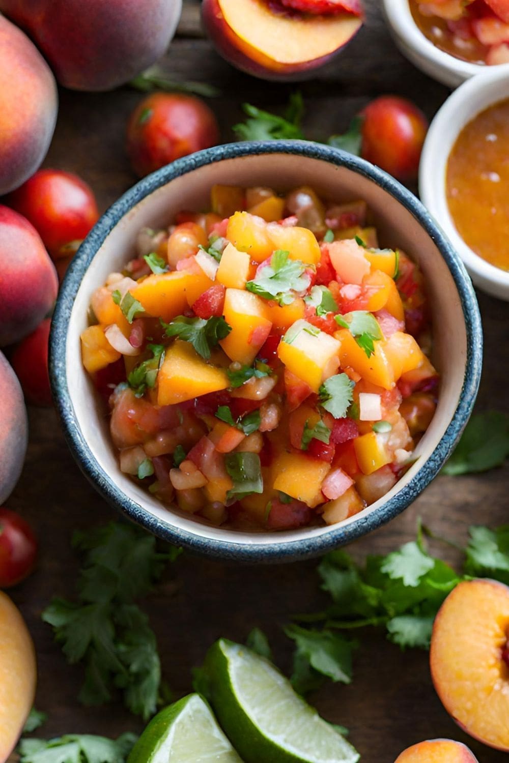 A bowl of peach salsa surrounded by peaches and limes.