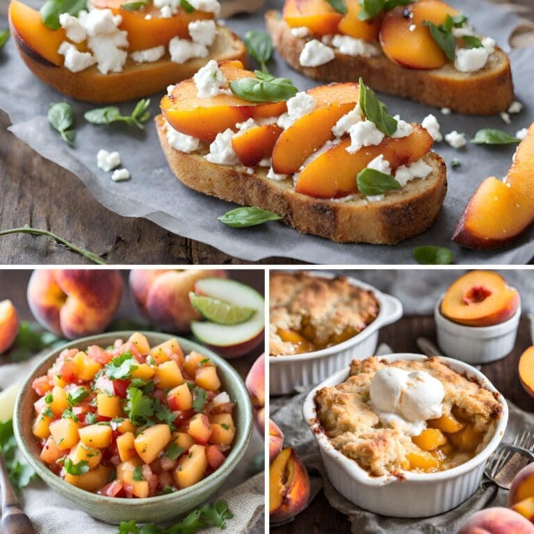 This collage features a refreshing peach salsa, a classic peach cobbler, and a savory peach goat cheese bruschetta, all starring juicy peaches.