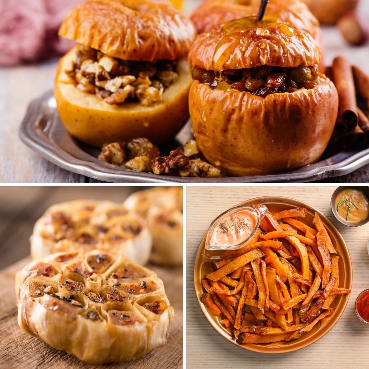 A collage of air fryer recipes, including baked apples, carrot fries, and roasted garlic.