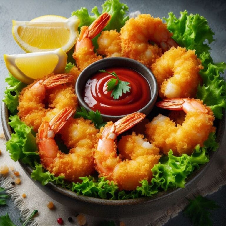 A bowl of golden air-fried shrimp with a side of ketchup and shredded lettuce on a wooden table.