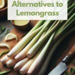 A close-up photo of a cutting board containing several lemongrass stalks and a knife