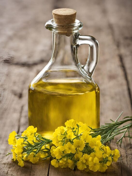 A bottle of canola oil next to a bouquet of canola flowers on a wooden table.