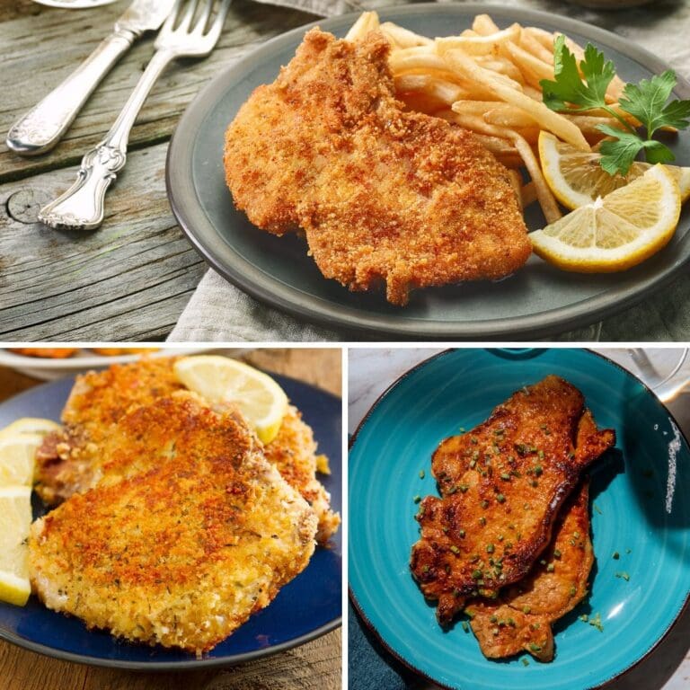 A collage of three photos of air-fried pork chops.