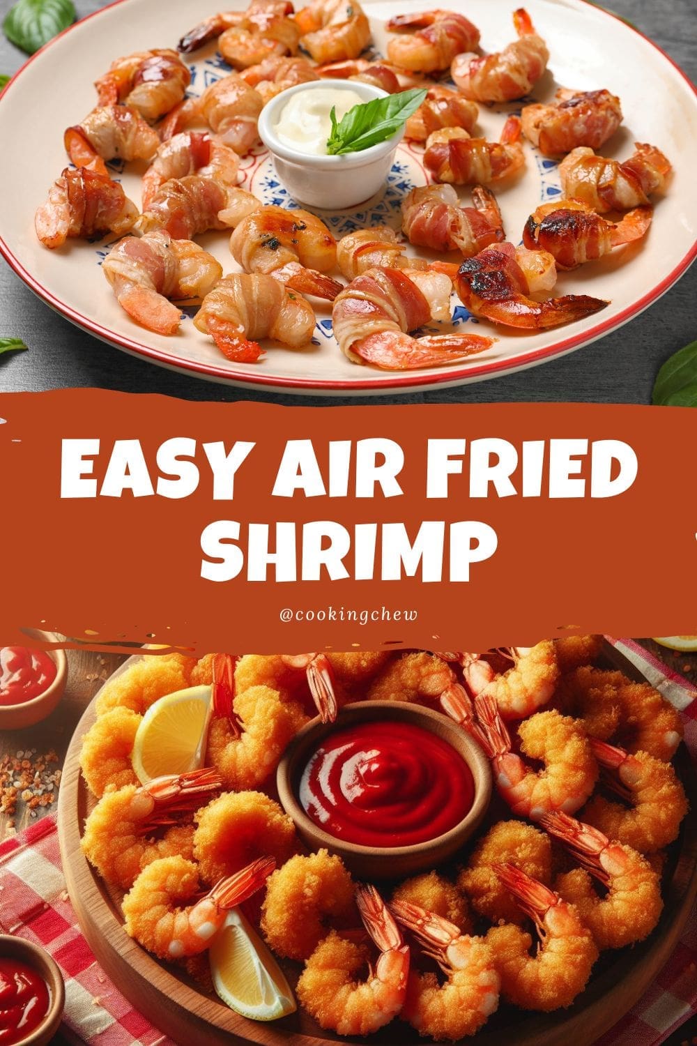 A collage of air-fried shrimps, including bacon wrapped shrimp, and coated fried shrimp.
