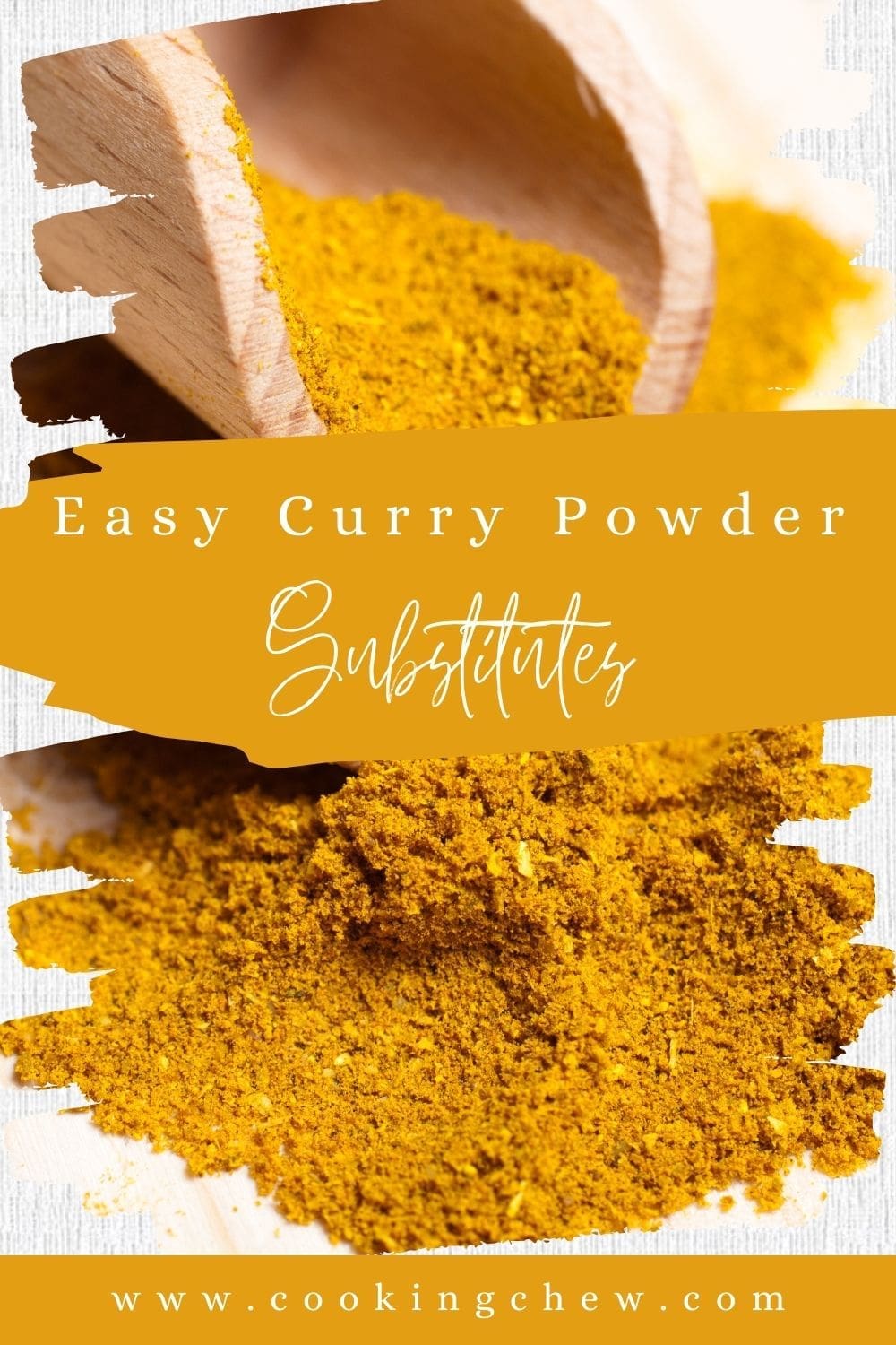 A wooden scoop filled with curry powder rests on a table.