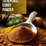 A close-up photo of a wooden spoon filled with curry powder on a wooden table.
