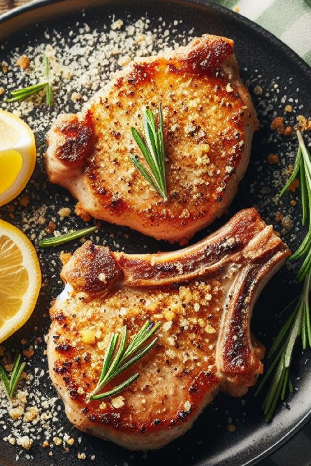 A close-up photo of two bone-in pork chops seasoned with a fresh herb mixture of lemon and rosemary. 