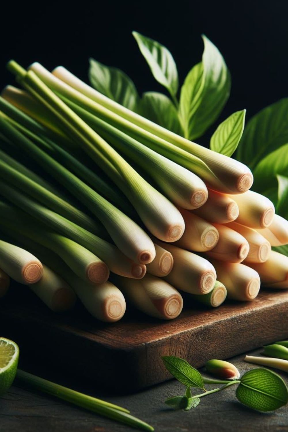 A bunch of lemongrass stalks on a wooden cutting board, next to a lime and some leaves.