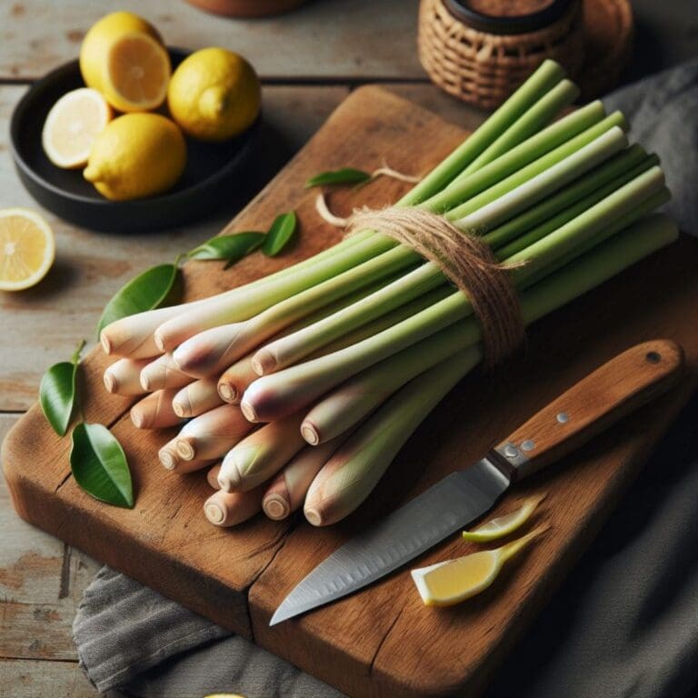 A bunch of lemongrass stalks tied together with a rope on a wooden cutting board.