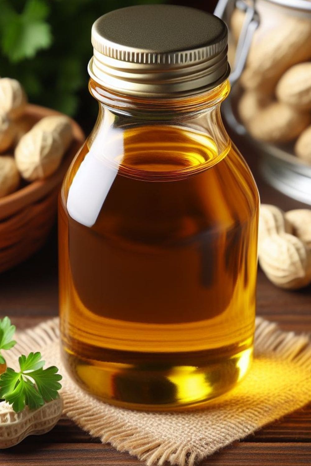 A close-up photo of a clear glass bottle of peanut oil and a few peanuts on a light wooden table.