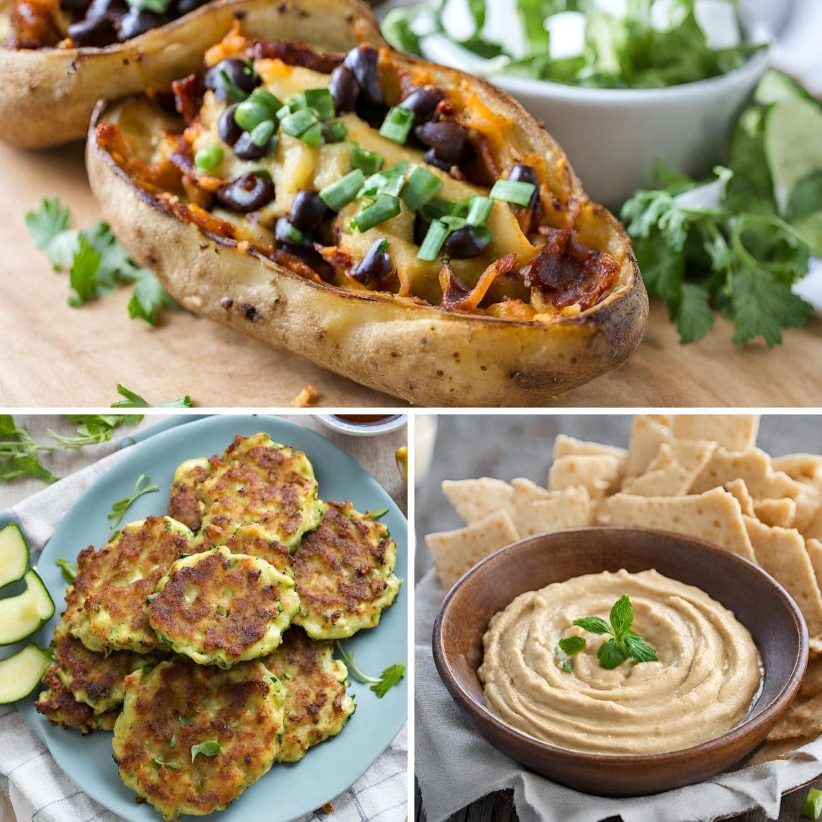 A vibrant collage featuring hummus, vegan potato skins, and zucchini fritters offers a delicious and healthy plant-based appetizer selection.