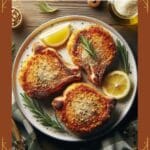 A rustic photo of a wooden table with a plate of air-fried pork chops, a bowl of lemon wedges, and a glass of iced tea.
