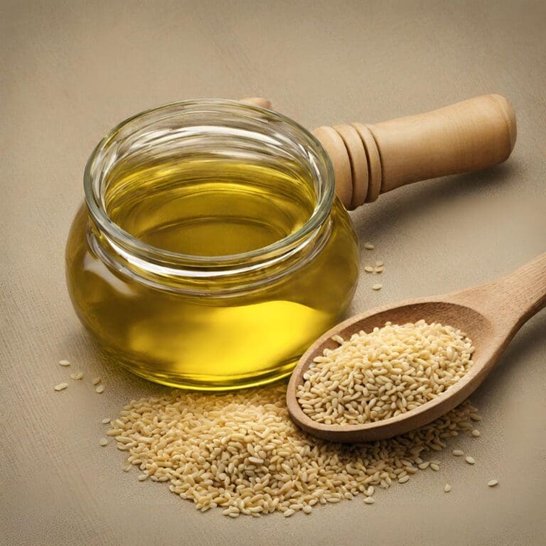 A jar of sesame oil next to a wooden spoon and sesame seeds on a table.