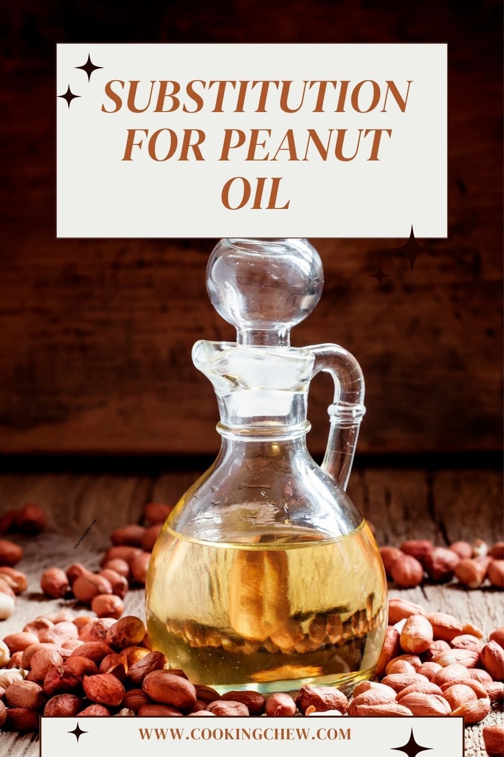 A clear glass bottle filled with light yellow peanut oil, resting on a brown wooden table.