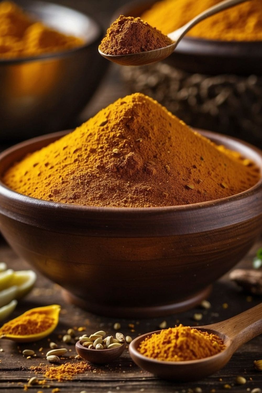 A close-up photo of a bowl of curry powder with a spoon scooping some out. 
