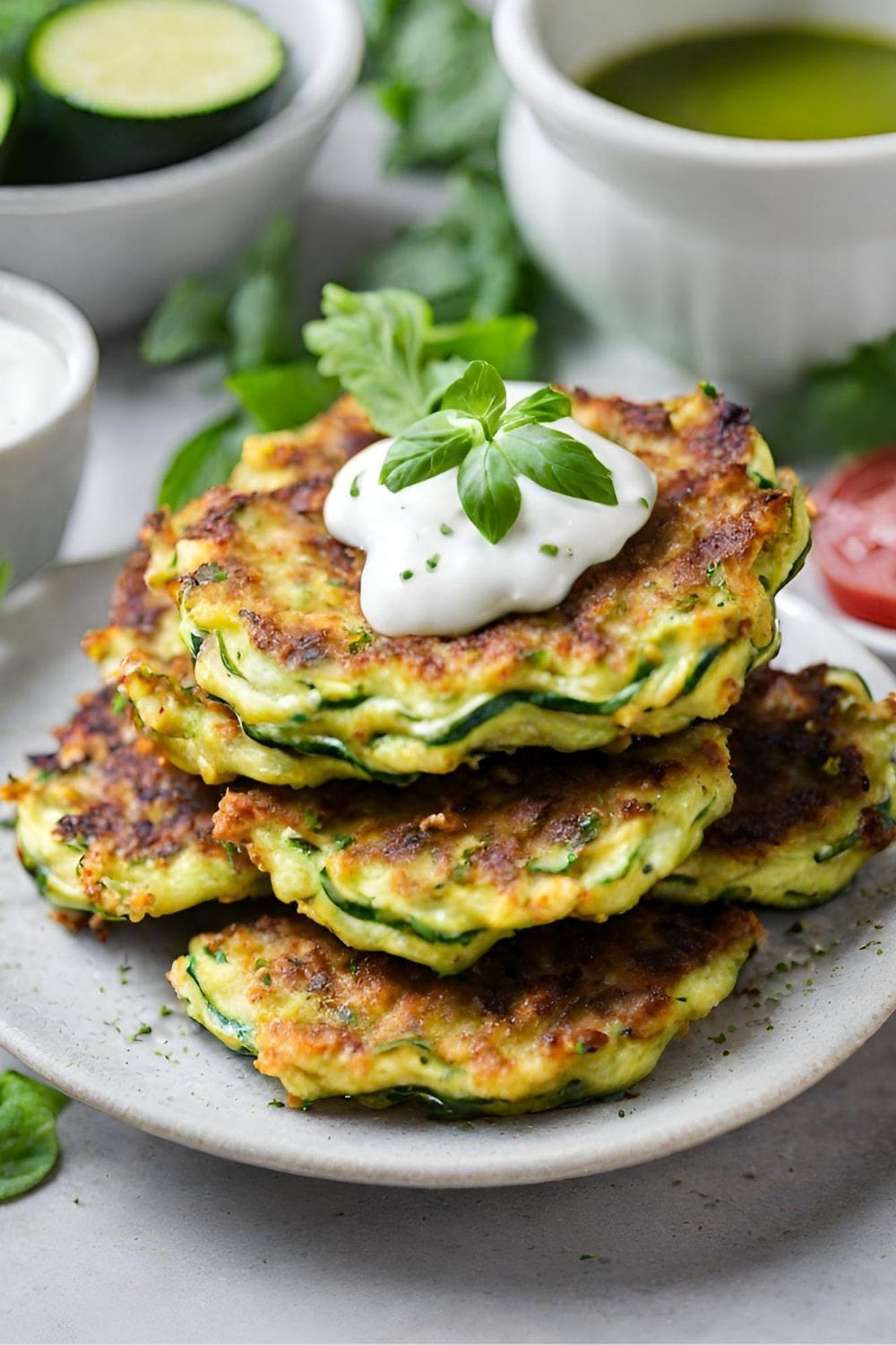 A stack of zucchini fritters with sour cream on top. 