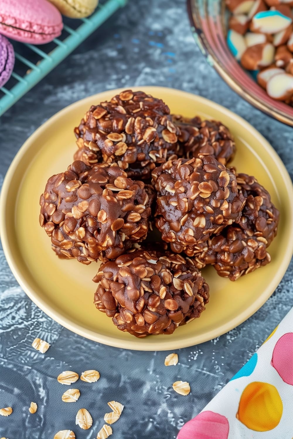 A plate of chocolate peanut butter no bake cookies, perfect for a quick and delicious homemade dessert.
