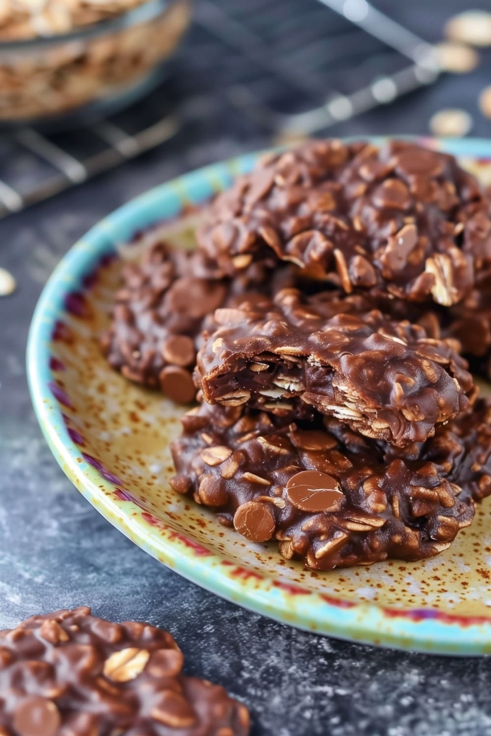 A stack of peanut butter no bake cookies with oatmeal, showcasing a simple and tasty homemade dessert.