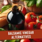 A close-up photo of a bottle of balsamic vinegar and cherry tomatoes on a wooden table.