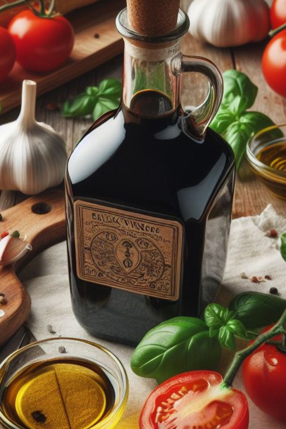 A bottle of balsamic vinegar surrounded by various vegetables, including tomatoes, olives, and onions, on a wooden table.