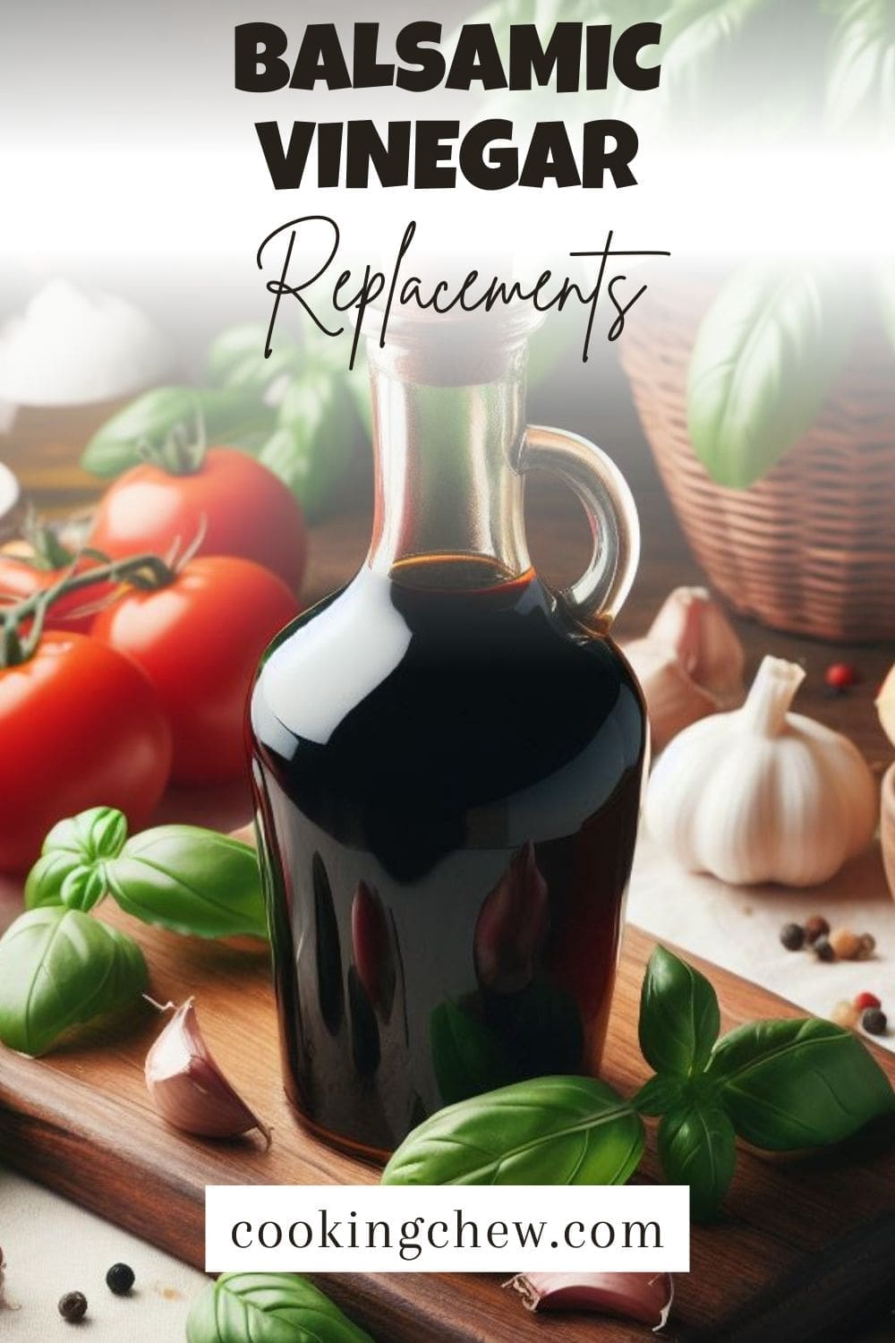 A bottle of balsamic vinegar on a wooden cutting board next to garlic cloves and tomatoes.
