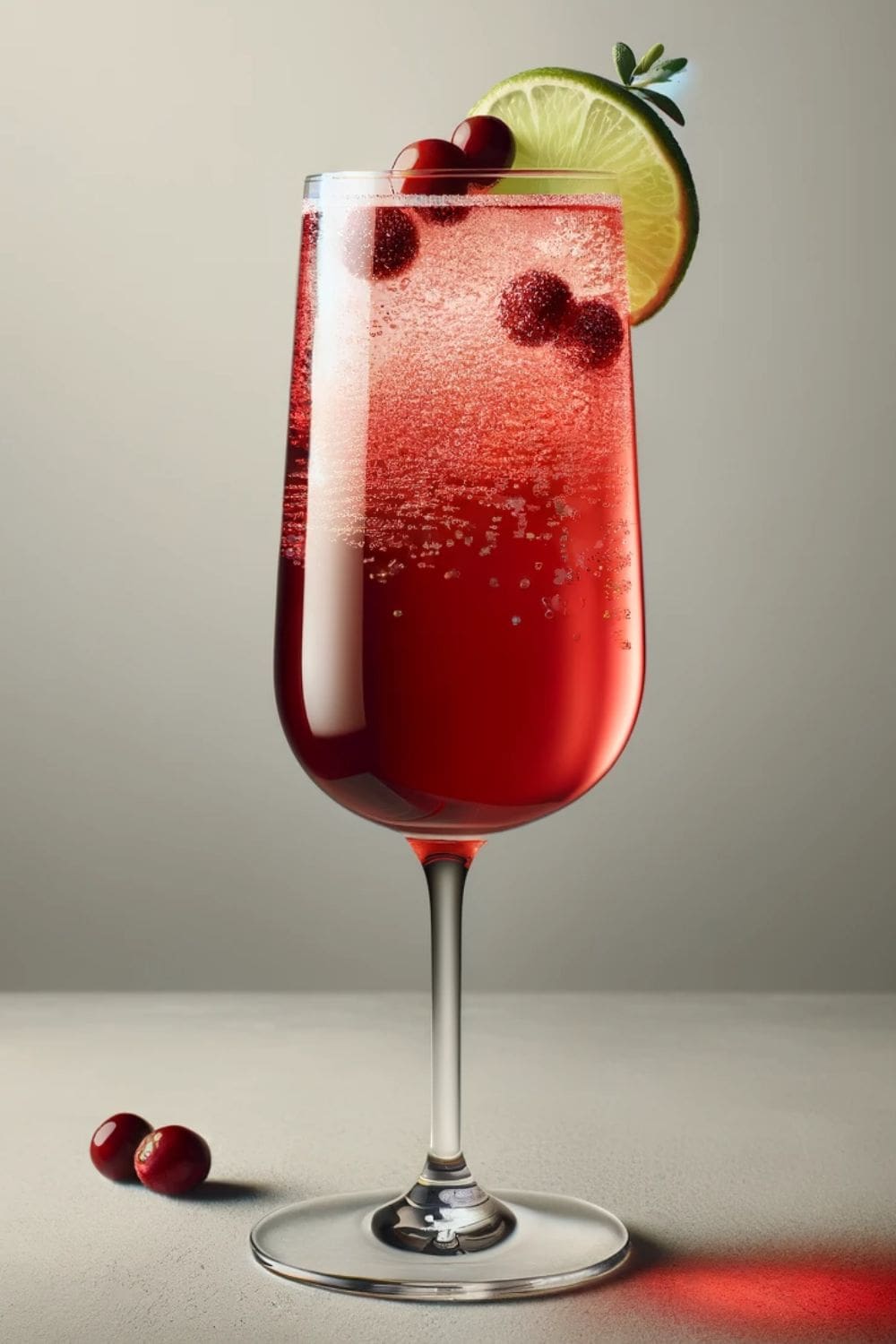 A glass of Berryful Cranberry Vodka Cocktail, a sparkling red cocktail garnished with fresh cranberries and a sprig of rosemary, sitting on a white table. 