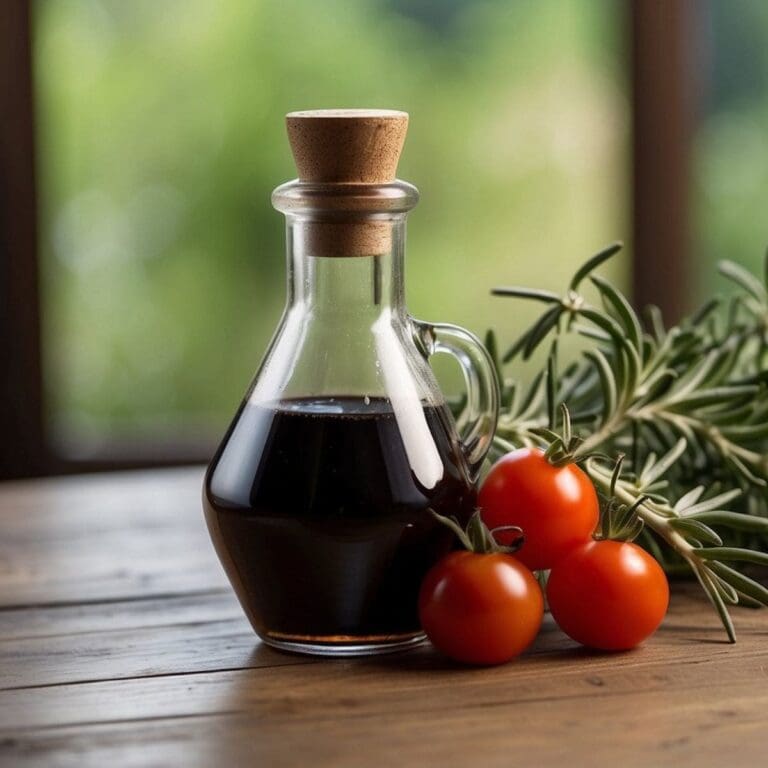 A close-up photo of a glass bottle of balsamic vinegar and several red tomatoes on a rustic wooden table.