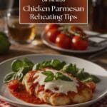 A plate of chicken parmesan with tomato sauce and mozzarella cheese.