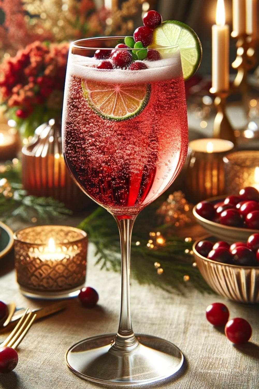 The image shows four glasses of cranberry vodka cocktails on a table.