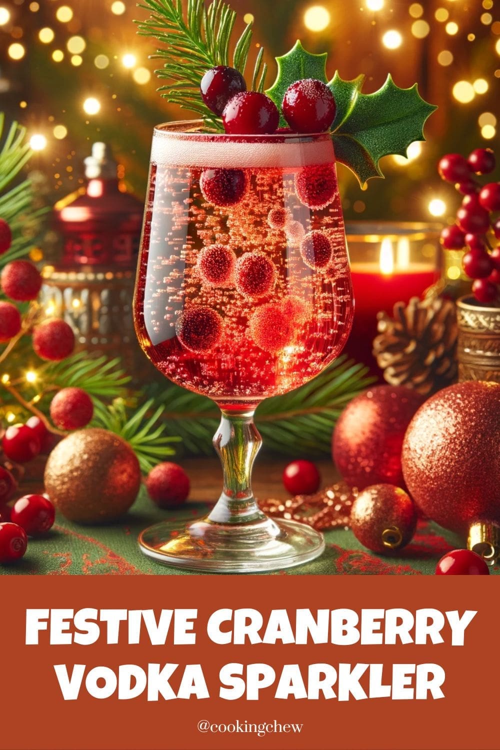 A glass of Festive Cranberry Vodka Sparkler, a sparkling red cocktail garnished with fresh cranberries and a sprig of rosemary.