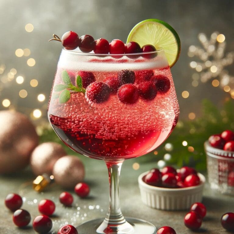 The image shows a glass of cranberry vodka with cranberries on a stick and a lime wedge on a table.