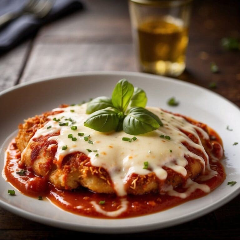 A close-up photo of a chicken parmesan dinner on a white plate.