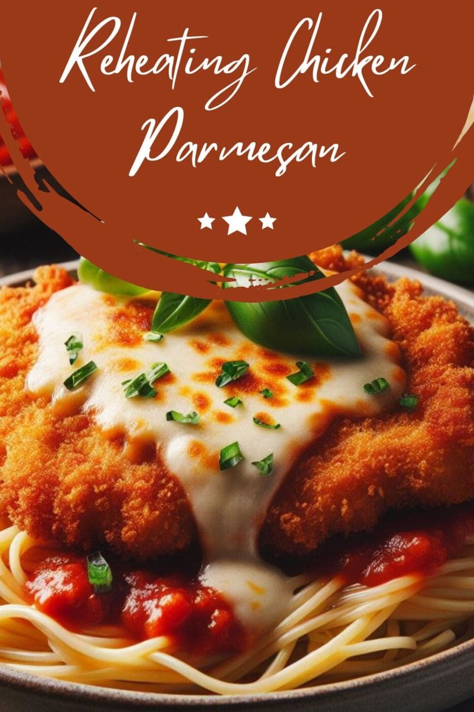 A close-up photo of a bowl of chicken parmesan with spaghetti and sauce on a table. 