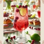 A glass of sparkling cranberry vodka cocktail, a red sparkling cocktail garnished with lime wedge and fresh cranberries.