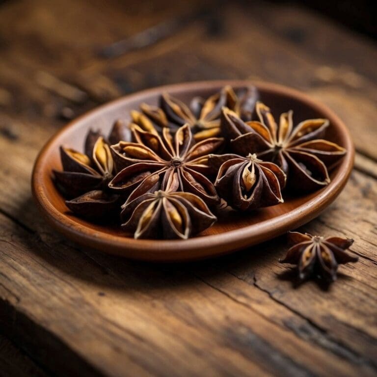 A photo of star anise on a wooden table.