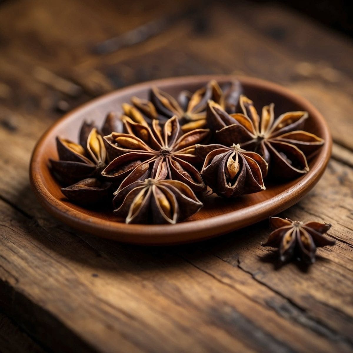 A photo of star anise on a wooden table.