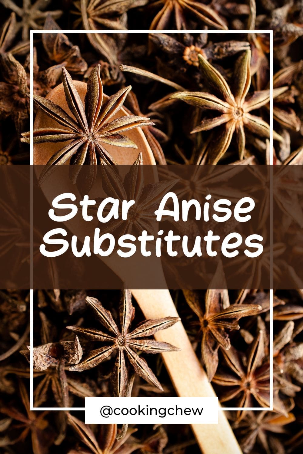 A wooden spoon filled with star anise seeds sits on top of a pile of star anise seeds.