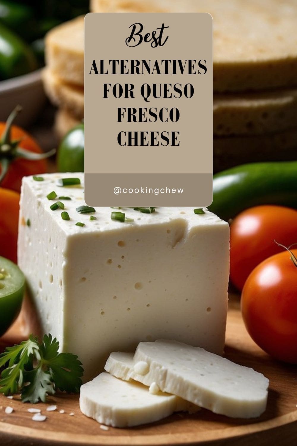 A close-up photo of a block of queso fresco cheese on a wooden cutting board.
