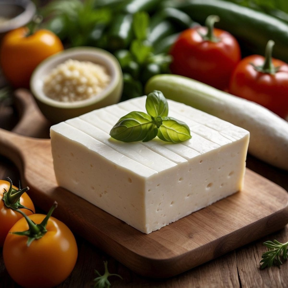 A rectangular block of white queso fresco cheese sits on a worn wooden cutting board.