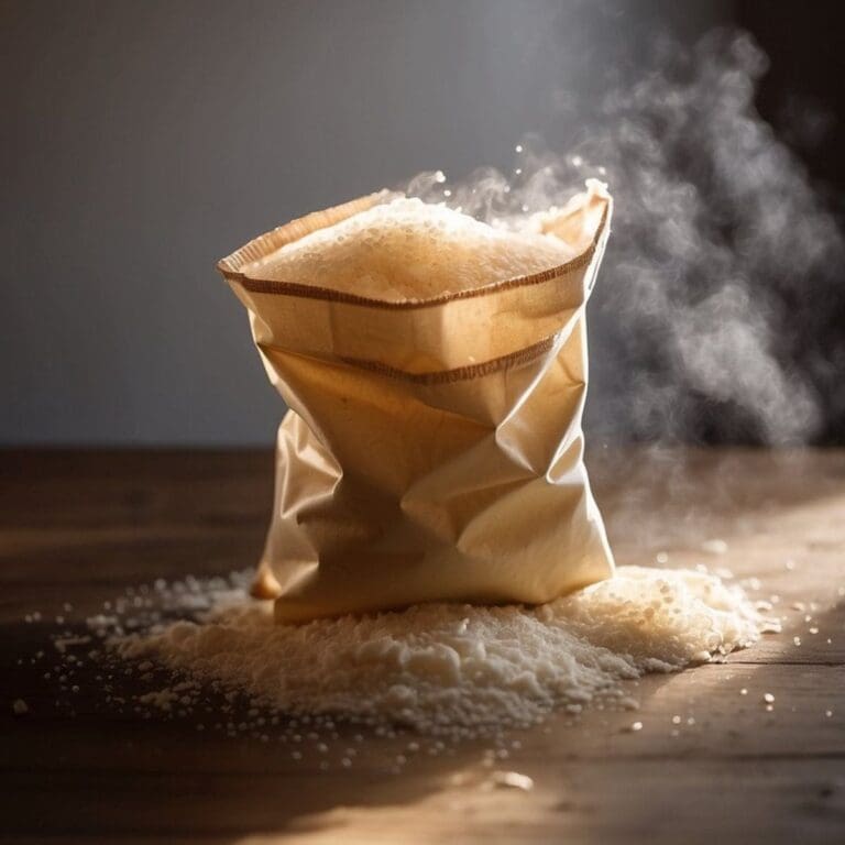 A burlap sack filled with potato starch rests on a rustic wooden table.
