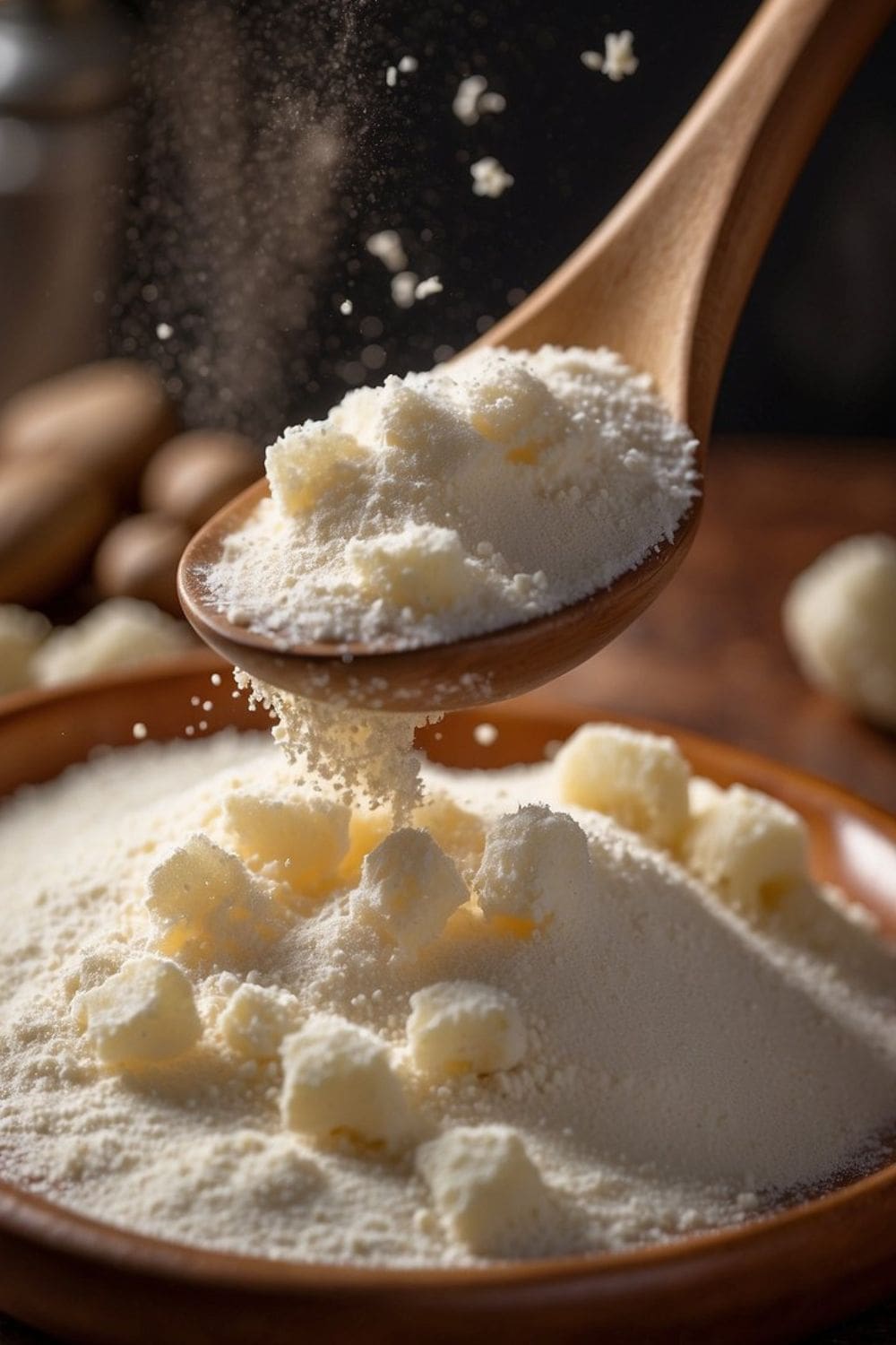 Close-up of a wooden spoon filled with potato starch.