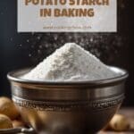 A still life photo of a bowl of potato starch and potatoes.