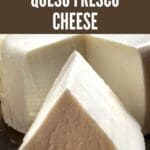A close-up photo of a queso fresco cheese on a rustic wooden cutting board.